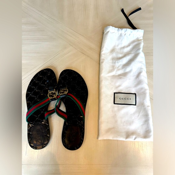 Authentic GUCCI Guccissima Web Thong Sandals Size 38/7.5 in Green Red Black - Picture 10 of 12